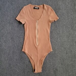 Reformation Bodysuit Womens Small Tan Short Sleeve Zip Front Ribbed Stretch USA